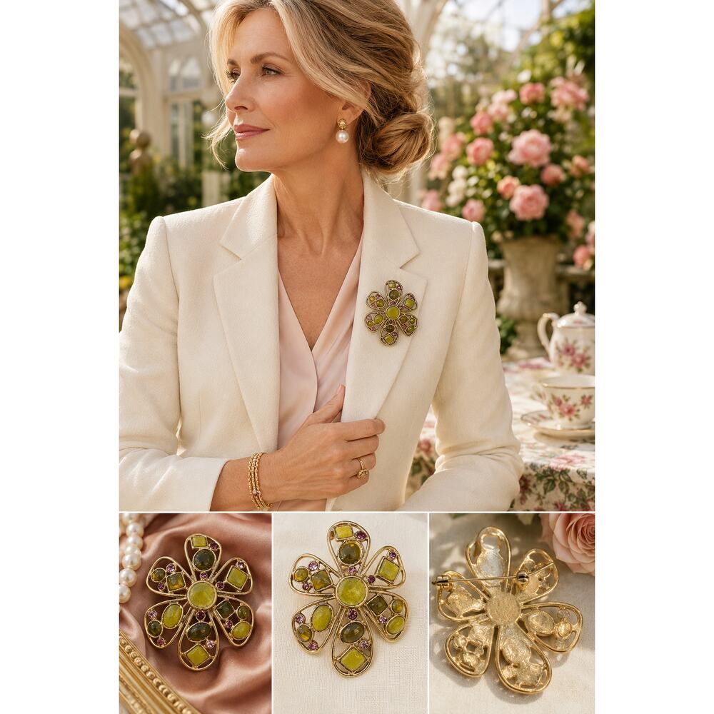 Vintage 70s Gold Tone Floral Brooch Olive Green Art Glass Pink Rhinestones